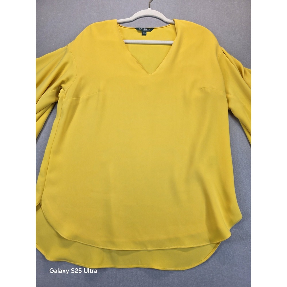 Lauren‎ Ralph Lauren Womens Blouse Large Yellow Flowy Ruffled Flutter Sleeve